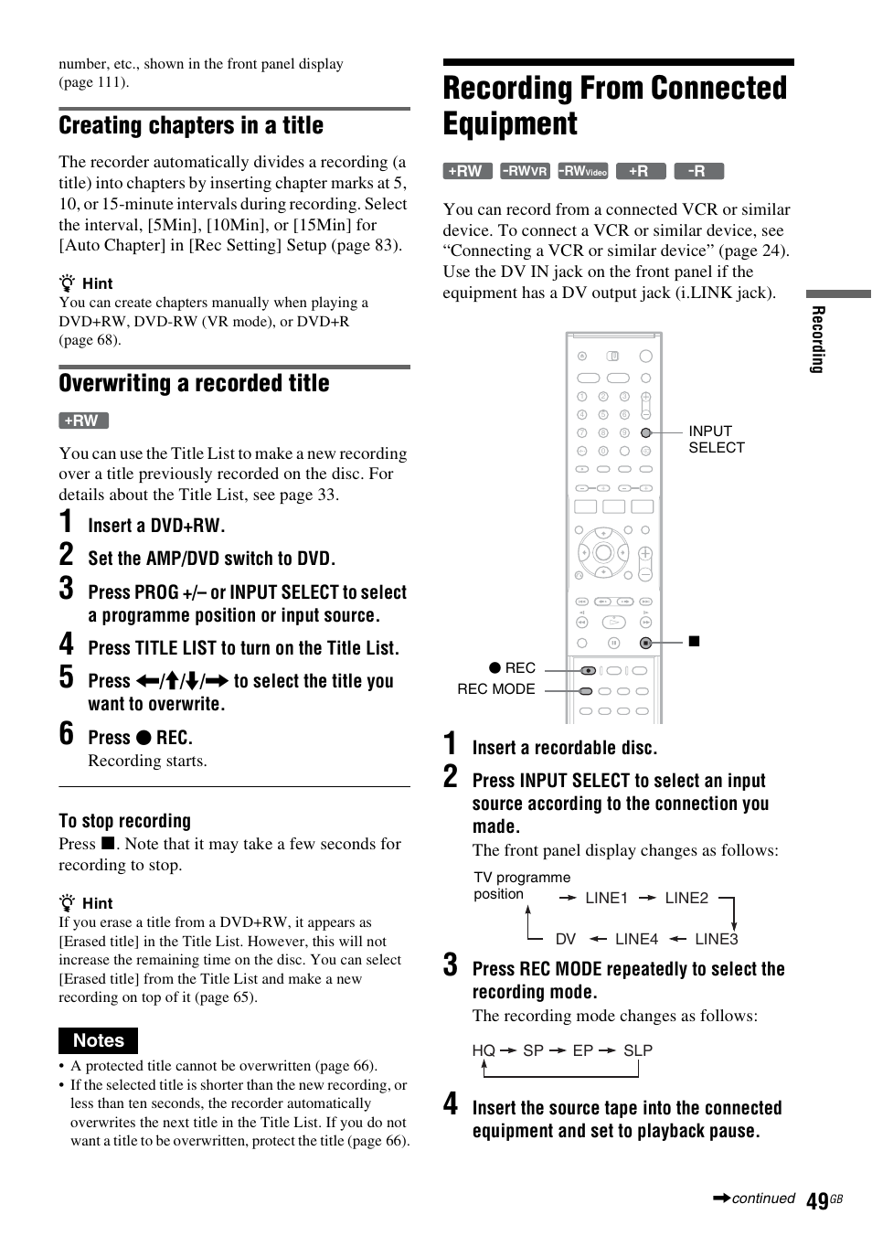 Recording from connected equipment, Creating chapters in a title, Overwriting a recorded title | Sony DAR-RD100 User Manual | Page 49 / 508
