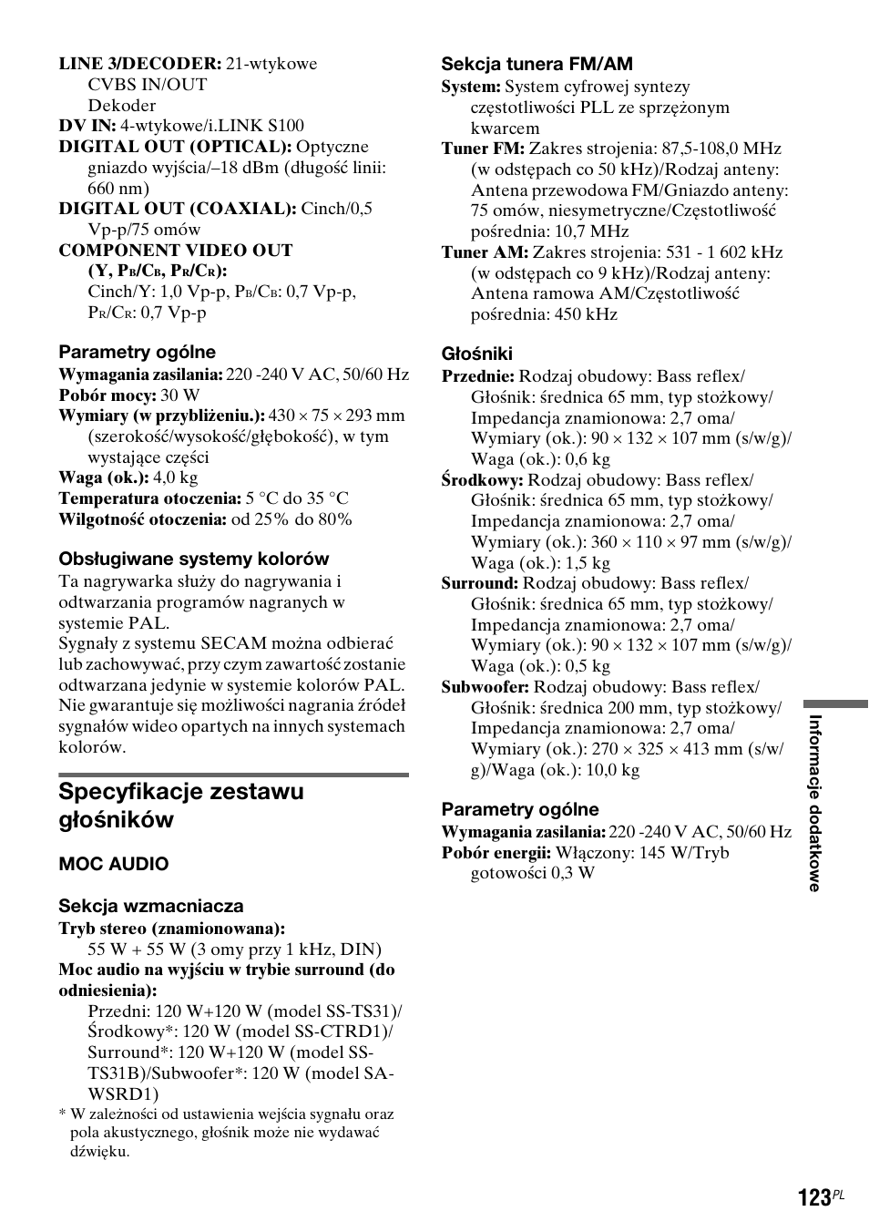 Specyfikacje zestawu głośników | Sony DAR-RD100 User Manual | Page 495 / 508
