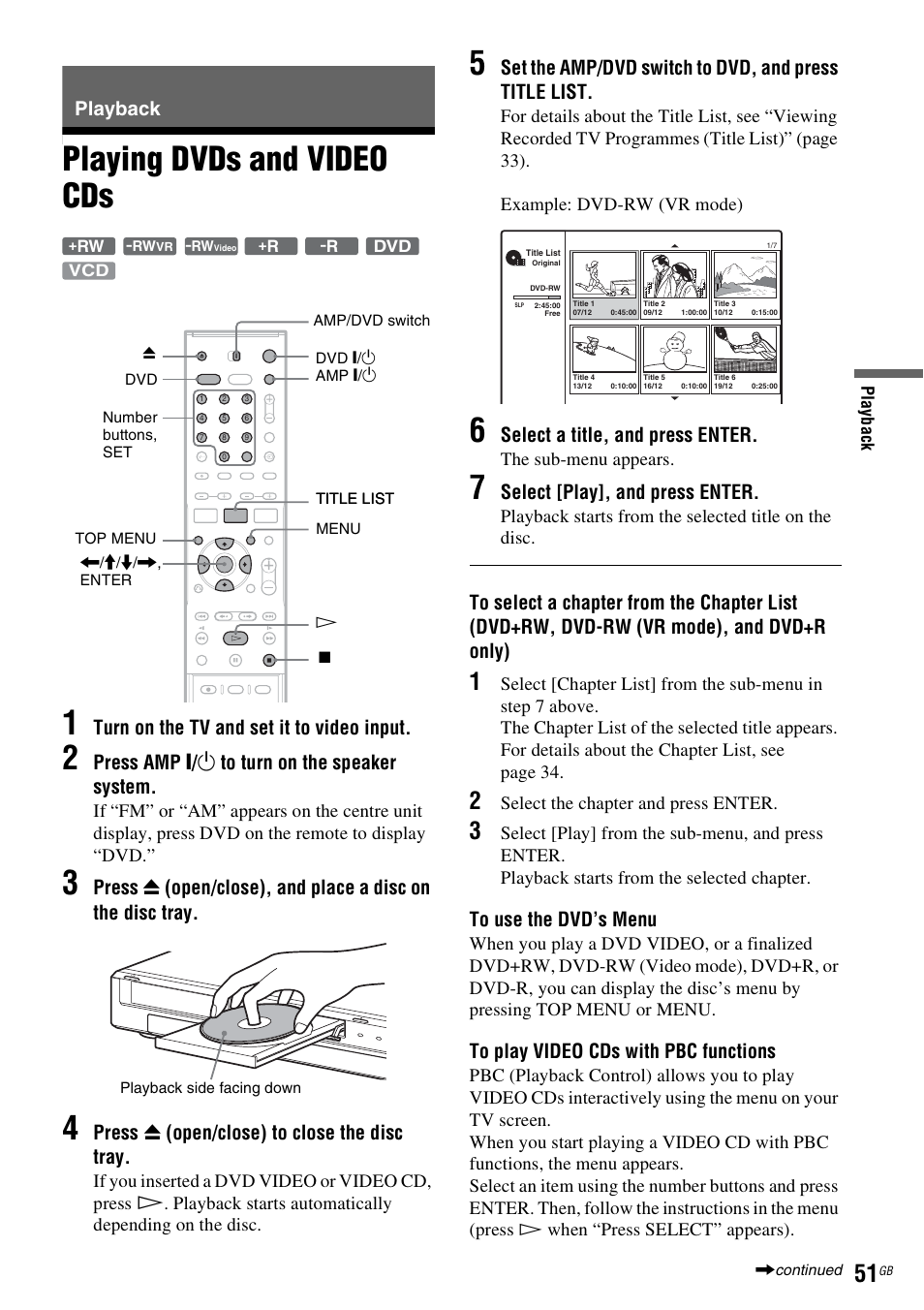 Playback, Playing dvds and video cds, Playing dvds and video cds 1 | Sony DAR-RD100 User Manual | Page 51 / 508