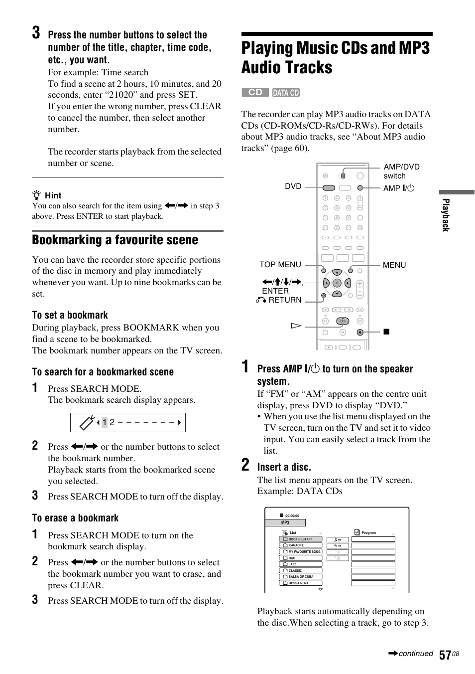 Playing music cds and mp3 audio tracks, Bookmarking a favourite scene, Press amp ' / 1 to turn on the speaker system | Insert a disc | Sony DAR-RD100 User Manual | Page 57 / 508