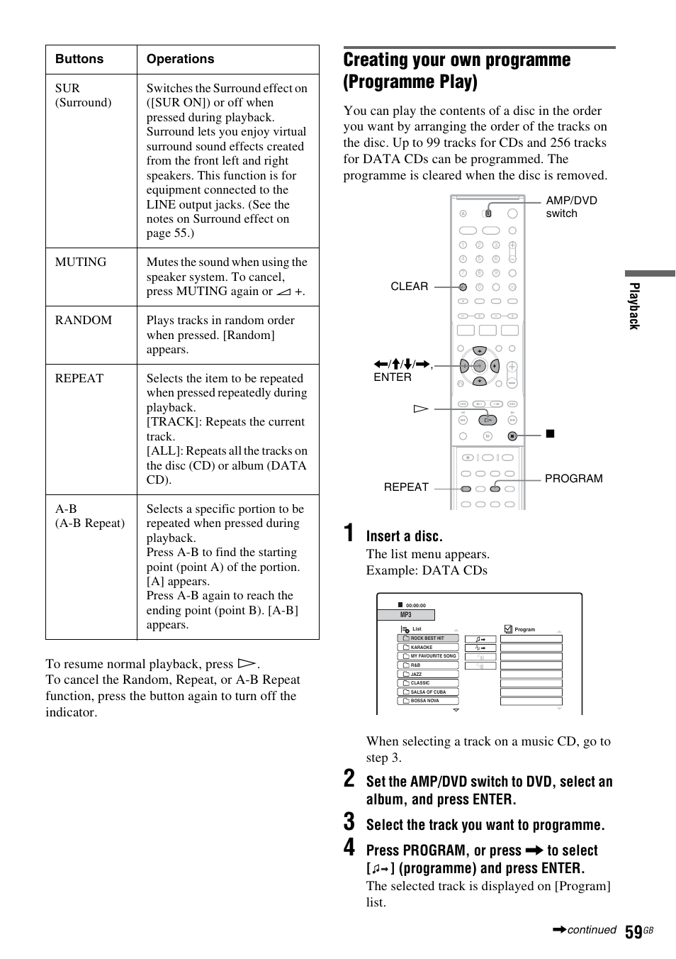 Creating your own programme (programme play), Insert a disc, Select the track you want to programme | Sony DAR-RD100 User Manual | Page 59 / 508