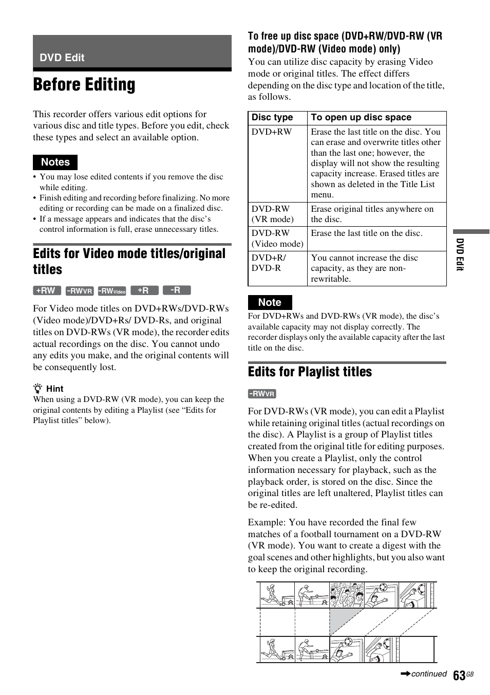 Dvd edit, Before editing, Edits for video mode titles/original titles | Edits for playlist titles | Sony DAR-RD100 User Manual | Page 63 / 508