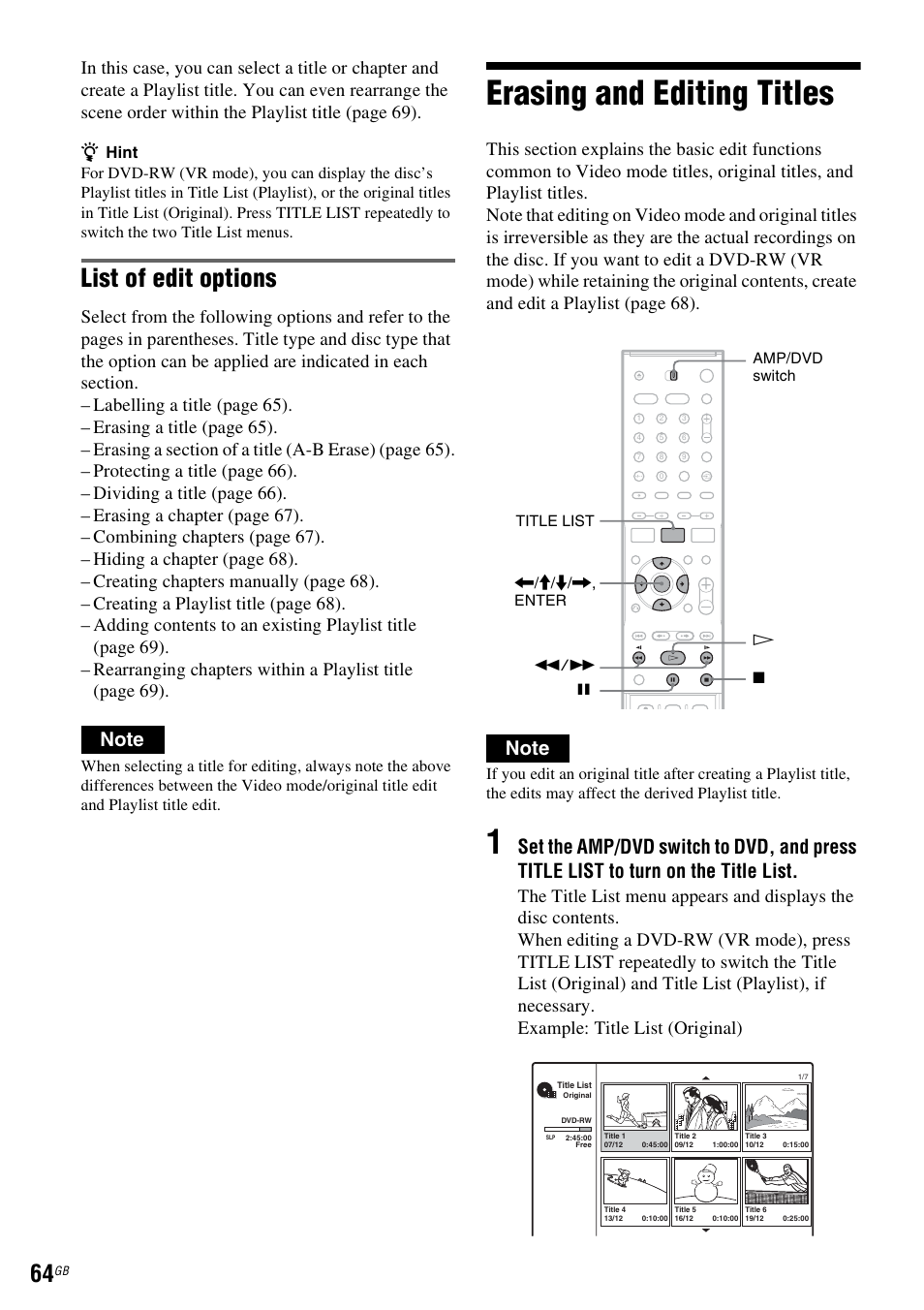 Erasing and editing titles, List of edit options | Sony DAR-RD100 User Manual | Page 64 / 508