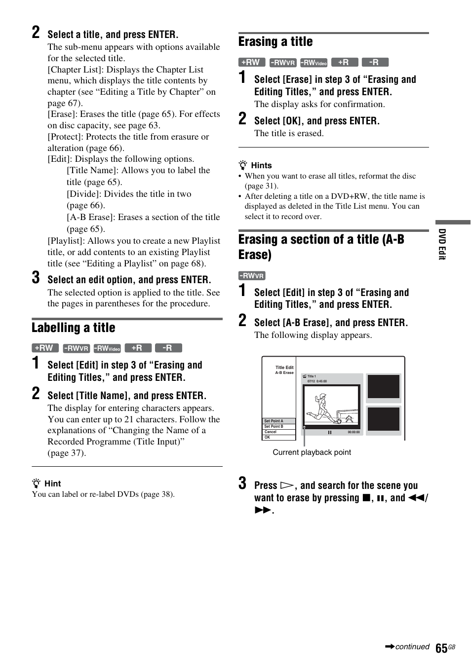 Labelling a title, Erasing a title | Sony DAR-RD100 User Manual | Page 65 / 508