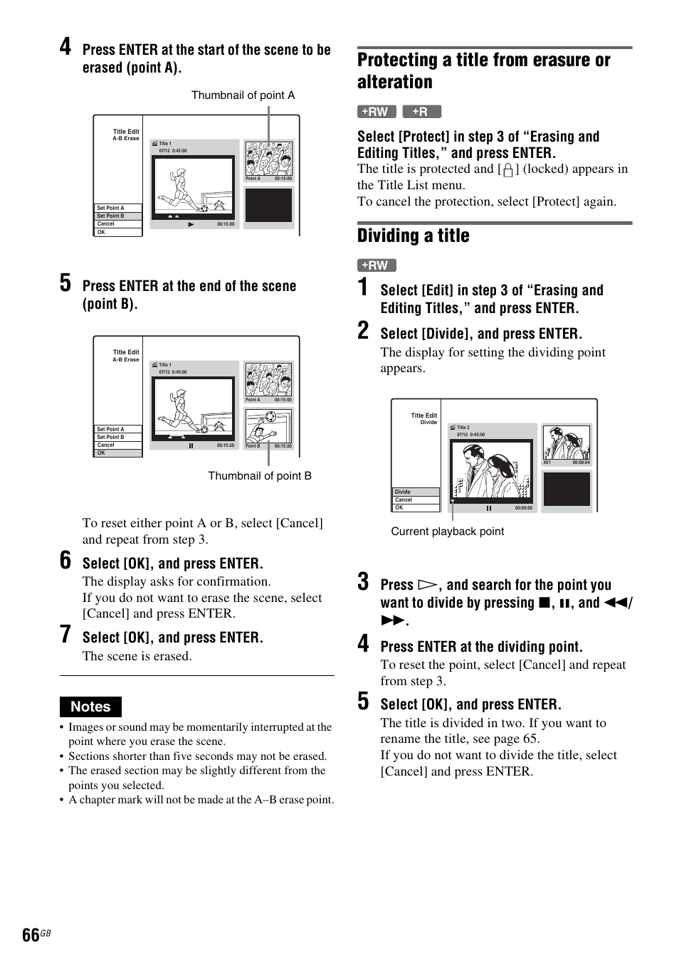Protecting a title from erasure or alteration, Dividing a title, Press enter at the end of the scene (point b) | Select [ok], and press enter, Select [divide], and press enter, And m / m, Press enter at the dividing point | Sony DAR-RD100 User Manual | Page 66 / 508