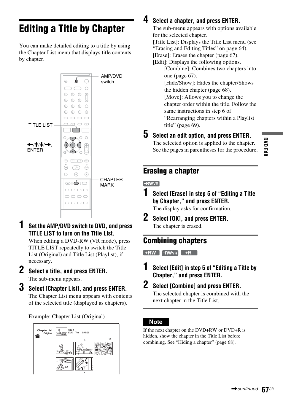 Editing a title by chapter, Erasing a chapter, Combining chapters | Sony DAR-RD100 User Manual | Page 67 / 508