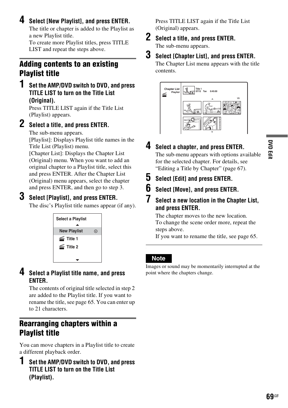 Rearranging chapters within a playlist title, Adding contents to an existing playlist title | Sony DAR-RD100 User Manual | Page 69 / 508