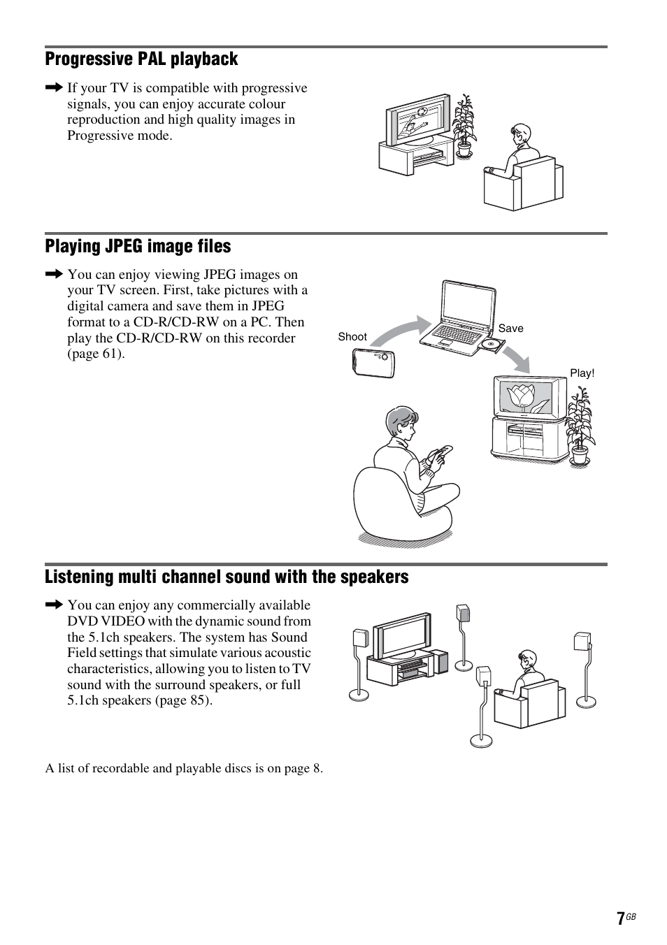 Progressive pal playback, Playing jpeg image files, Listening multi channel sound with the speakers | Sony DAR-RD100 User Manual | Page 7 / 508