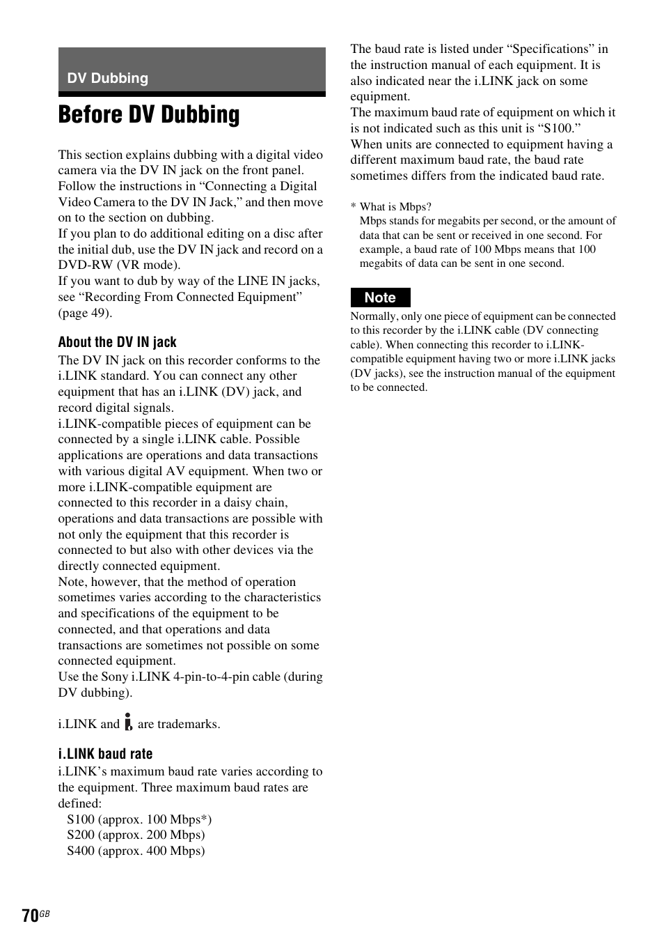 Dv dubbing, Before dv dubbing | Sony DAR-RD100 User Manual | Page 70 / 508