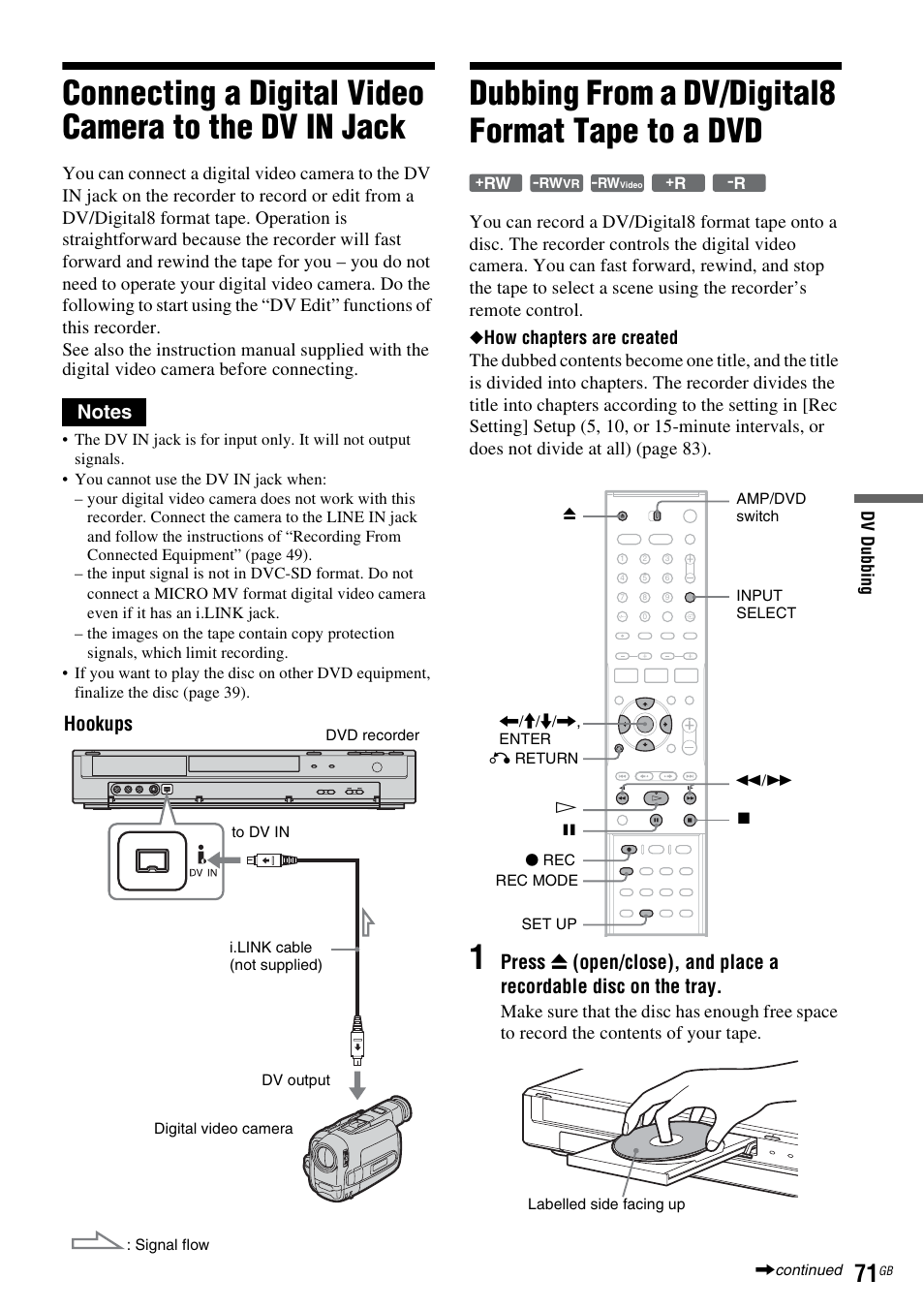 Dubbing from a dv/digital8 format tape to a dvd, Hookups | Sony DAR-RD100 User Manual | Page 71 / 508