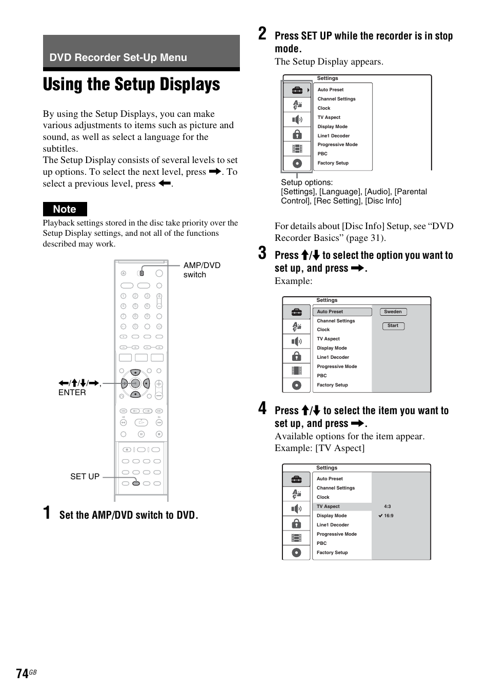 Dvd recorder set-up menu, Using the setup displays, Set the amp/dvd switch to dvd | Press set up while the recorder is in stop mode, Example | Sony DAR-RD100 User Manual | Page 74 / 508