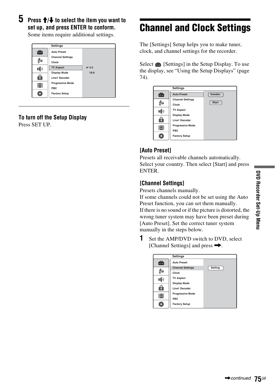 Channel and clock settings, Channel settings, Channel settings] m | Auto preset, Some items require additional settings, Press set up | Sony DAR-RD100 User Manual | Page 75 / 508