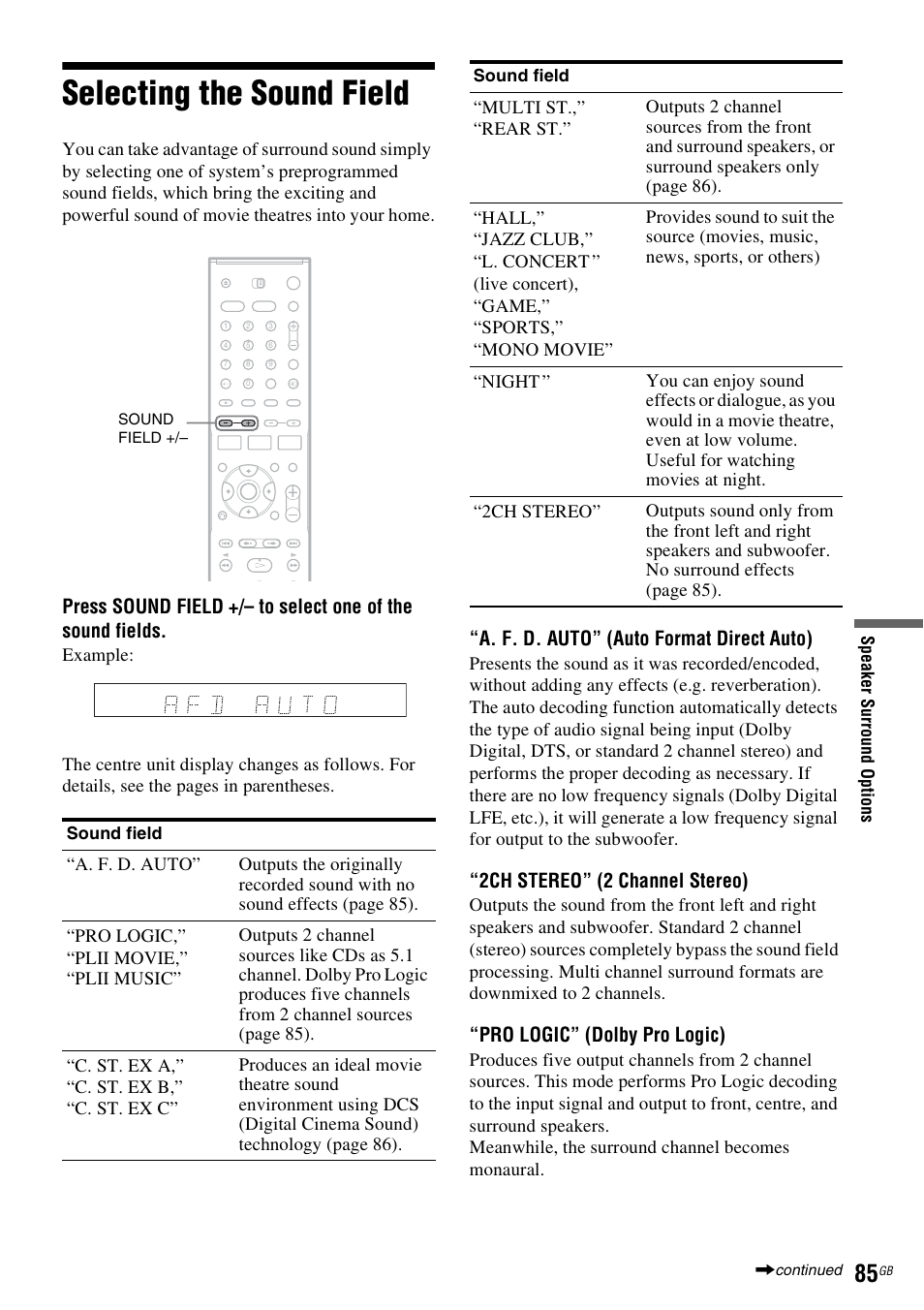 Selecting the sound field | Sony DAR-RD100 User Manual | Page 85 / 508