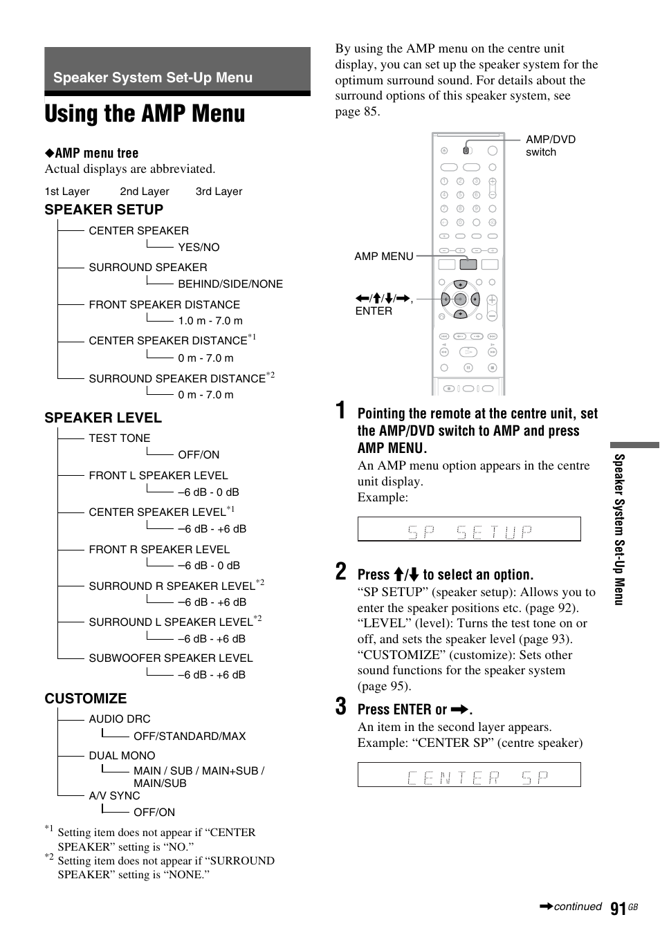 Speaker system set-up menu, Using the amp menu, Press m / m to select an option | Press enter or, Speaker setup, Speaker level, Customize | Sony DAR-RD100 User Manual | Page 91 / 508