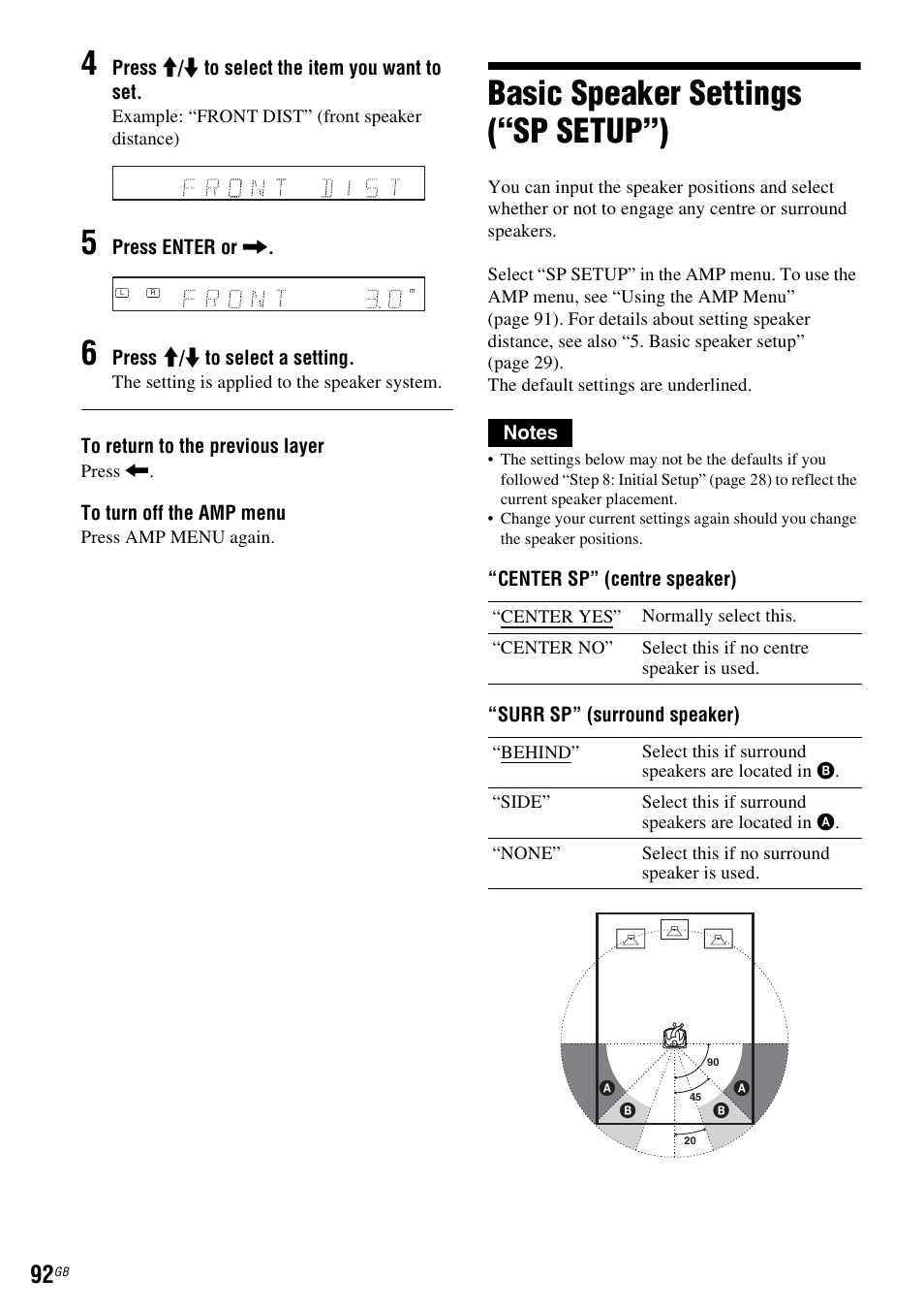 Basic speaker settings (“sp setup”) | Sony DAR-RD100 User Manual | Page 92 / 508