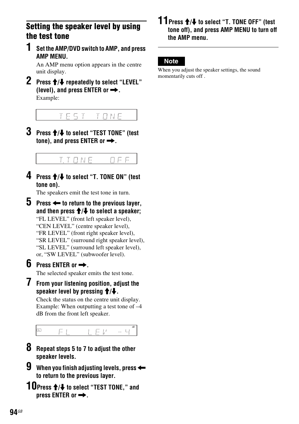 Setting the speaker level by using the test tone | Sony DAR-RD100 User Manual | Page 94 / 508