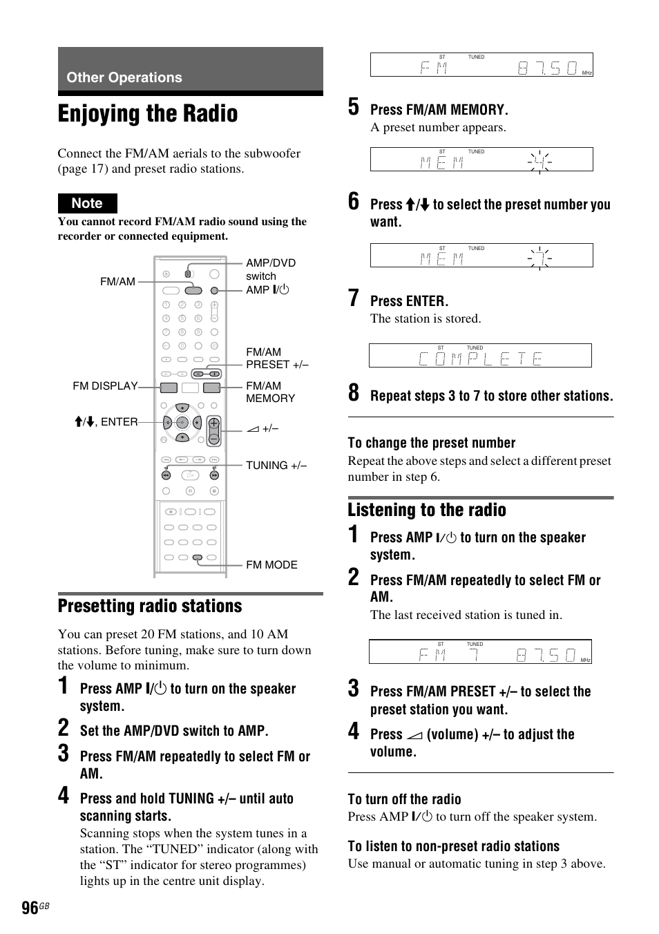 Other operations, Enjoying the radio, Presetting radio stations | Listening to the radio | Sony DAR-RD100 User Manual | Page 96 / 508