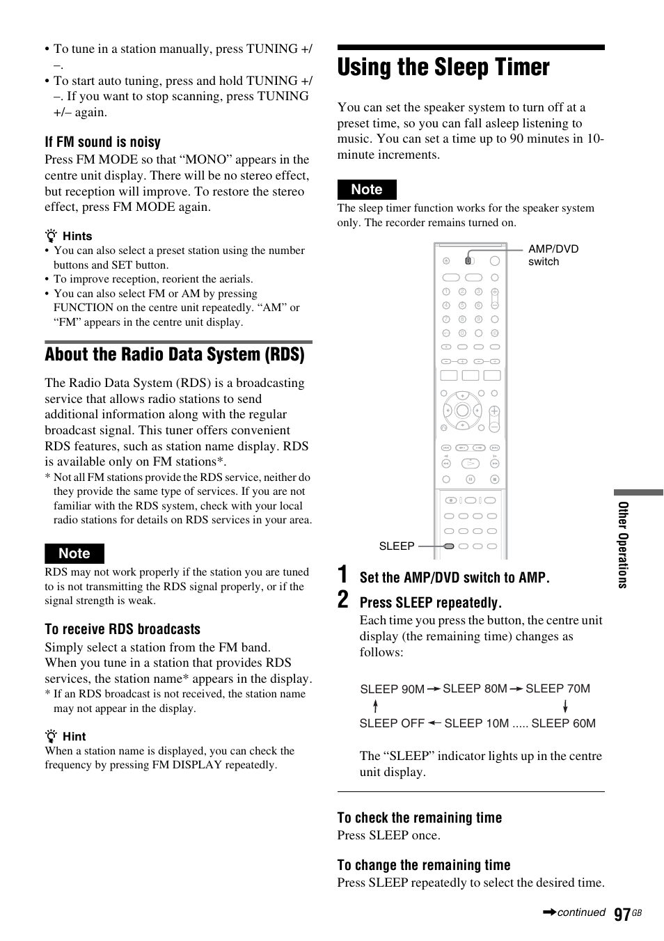 Using the sleep timer, About the radio data system (rds) | Sony DAR-RD100 User Manual | Page 97 / 508