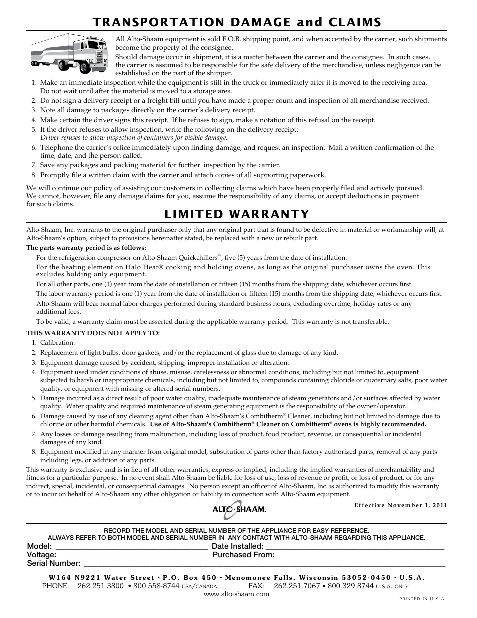 Transportation damage and claims, Limited warranty | Alto-Shaam Drawer Warmers 3DN User Manual | Page 27 / 27