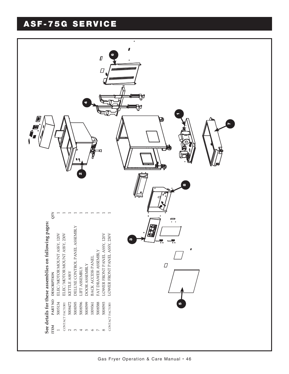 Gas fryer operation & care manual • 46, Item part no description qty, Contact | Factory | Alto-Shaam FRYTECH ASF-60G series User Manual | Page 48 / 62