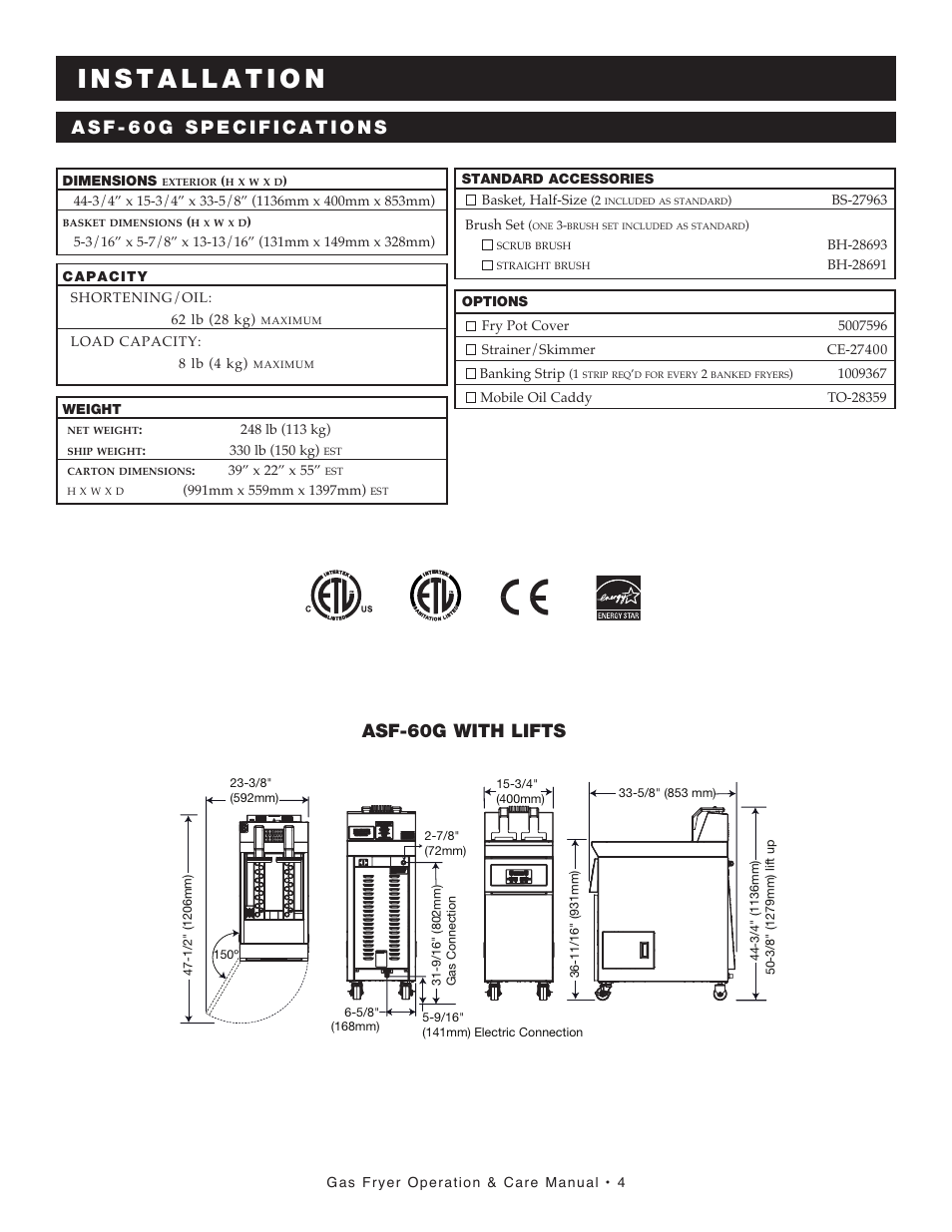 Asf-60g with lifts | Alto-Shaam FRYTECH ASF-60G series User Manual | Page 6 / 62