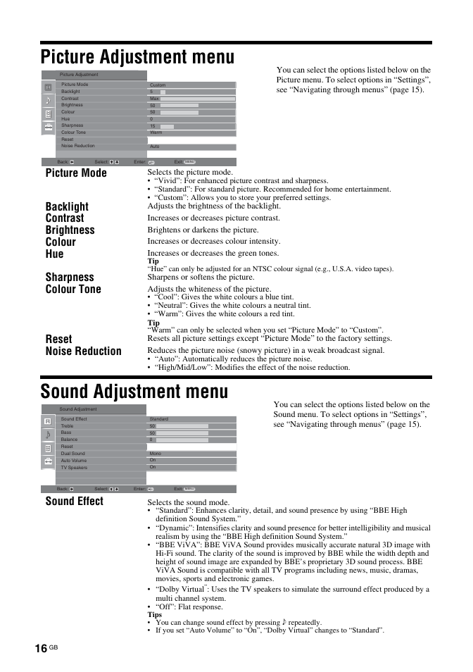 Picture adjustment menu sound adjustment menu, Picture mode, Backlight | Contrast, Brightness, Colour, Sharpness, Colour tone, Reset, Noise reduction | Sony KDL-32U2000 User Manual | Page 16 / 79