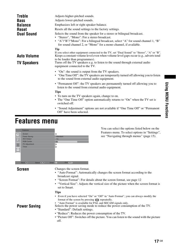 Features menu, Treble, Bass | Balance, Reset, Dual sound, Auto volume, Tv speakers, Screen, Power saving | Sony KDL-32U2000 User Manual | Page 17 / 79