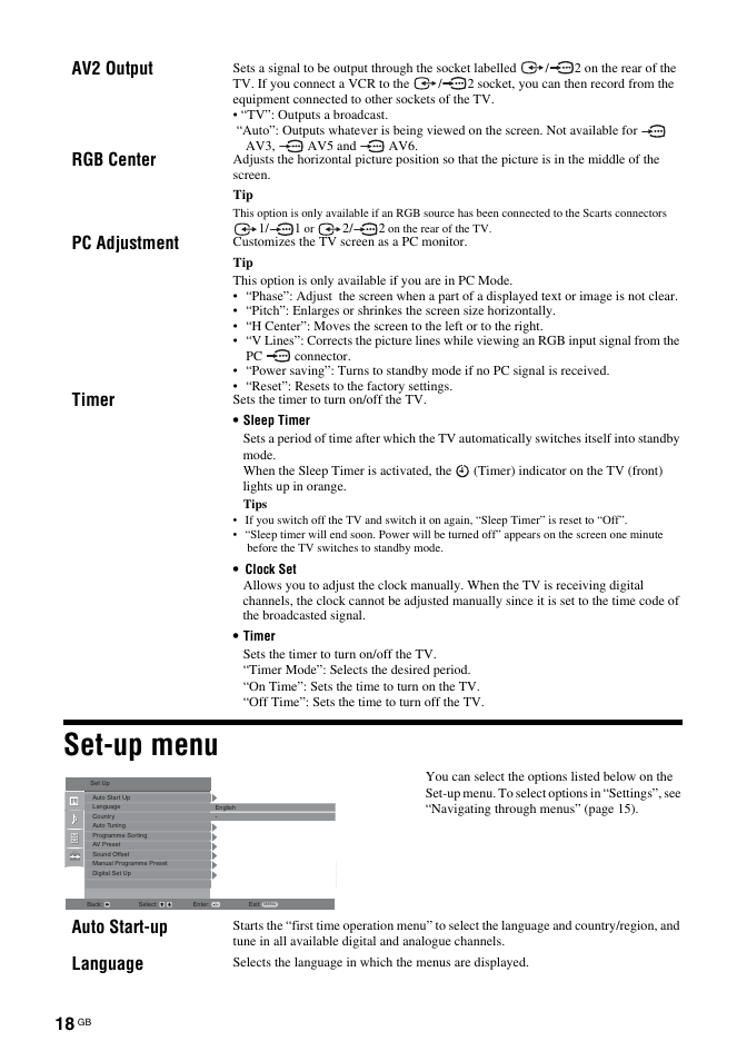 Set-up menu, Av2 output, Rgb center | Pc adjustment, Timer, Auto start-up, Language | Sony KDL-32U2000 User Manual | Page 18 / 79