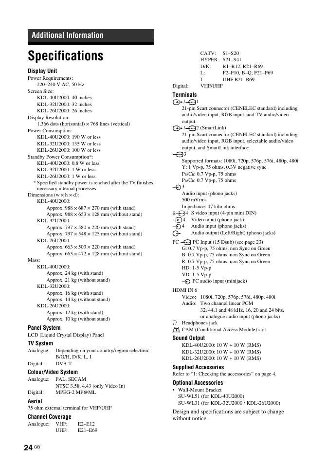 Specifications, Additional information | Sony KDL-32U2000 User Manual | Page 24 / 79