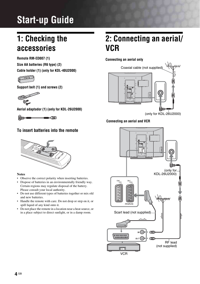 Start-up guide, Checking the accessories, Connecting an aerial/ vcr | Sony KDL-32U2000 User Manual | Page 4 / 79