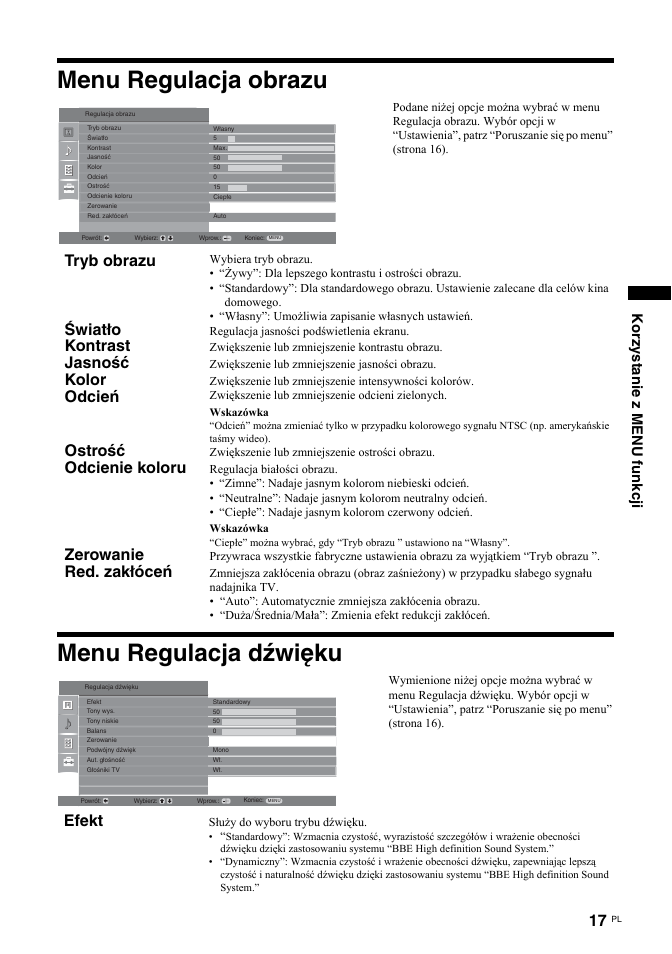 Menu regulacja obrazu menu regulacja dźwięku, Tryb obrazu, Światło | Kontrast, Jasność, Kolor, Odcień, Ostrość, Odcienie koloru, Zerowanie | Sony KDL-32U2000 User Manual | Page 69 / 79