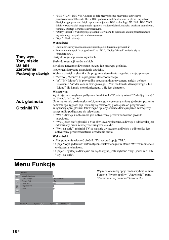 Menu funkcje, Tony wys, Tony niskie | Balans, Zerowanie, Podwójny dźwięk, Aut. głośność, Głośniki tv | Sony KDL-32U2000 User Manual | Page 70 / 79