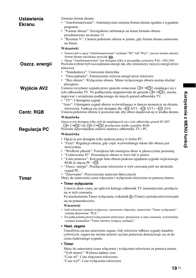 Ustawienia ekranu, Oszcz. energii, Wyjście av2 | Centr. rgb, Regulacja pc, Timer | Sony KDL-32U2000 User Manual | Page 71 / 79