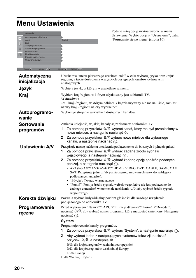 Menu ustawienia, Automatyczna inicjalizacja, Język | Kraj, Autoprogramo- wanie, Sortowanie programów, Ustawienia a/v, Korekta dźwięku, Programowanie ręczne | Sony KDL-32U2000 User Manual | Page 72 / 79