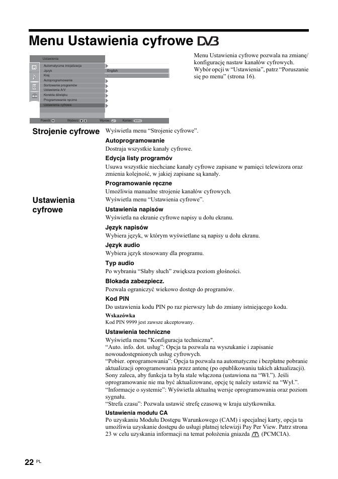 Menu ustawienia cyfrowe, Strojenie cyfrowe, Ustawienia cyfrowe | Sony KDL-32U2000 User Manual | Page 74 / 79