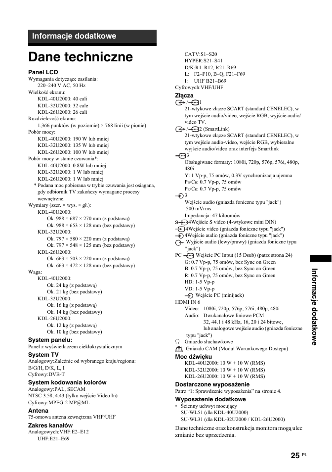 Dane techniczne, Informacje dodatkowe | Sony KDL-32U2000 User Manual | Page 77 / 79