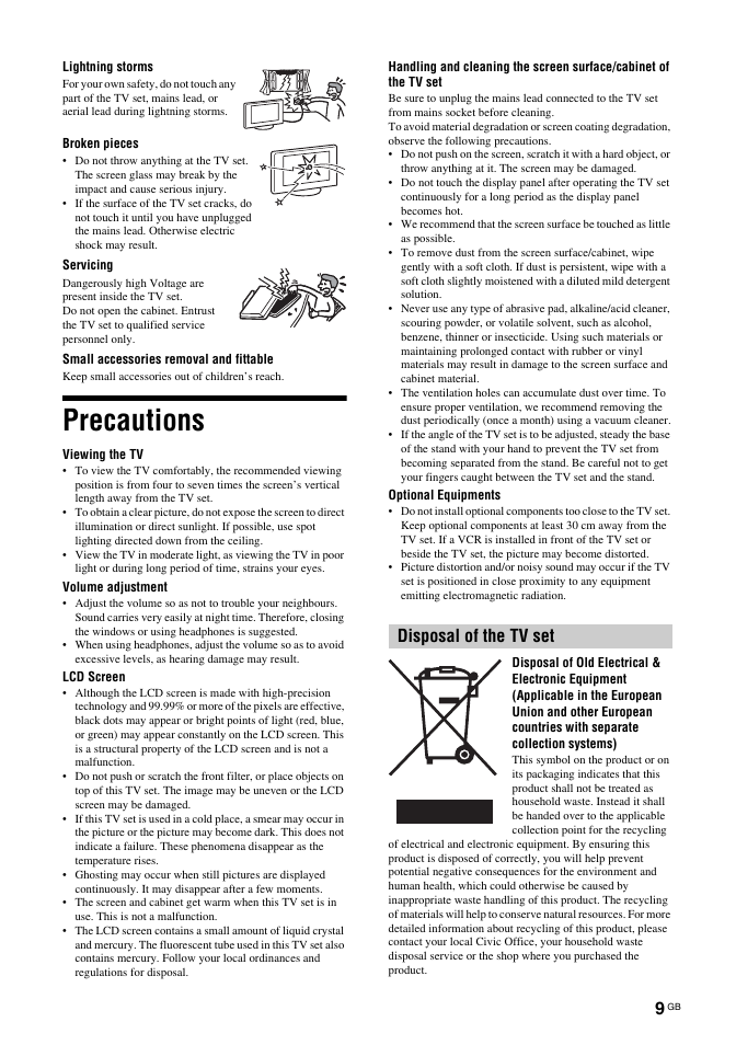 Precautions, Disposal of the tv set | Sony KDL-32U2000 User Manual | Page 9 / 79