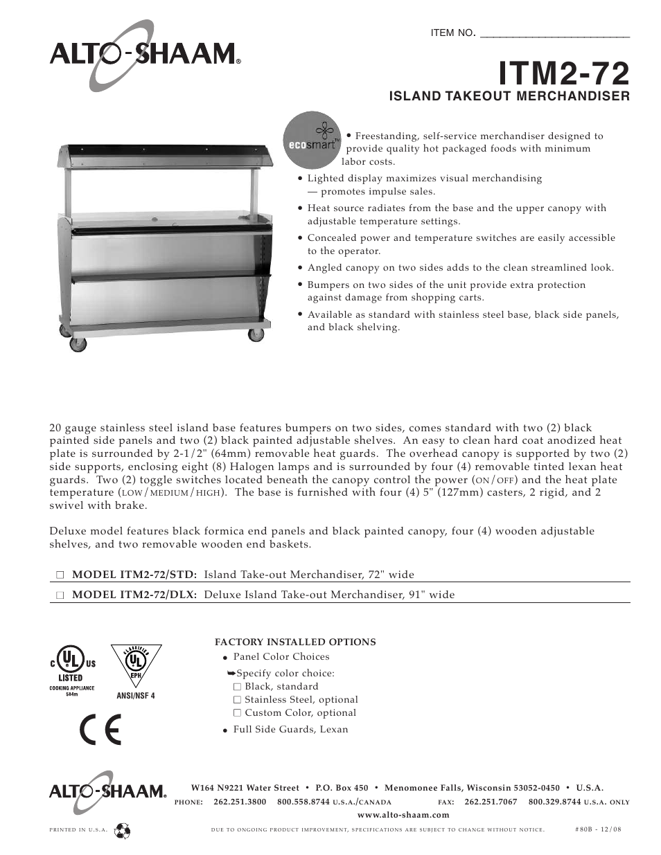 Alto-Shaam ITM2-72 User Manual | 2 pages