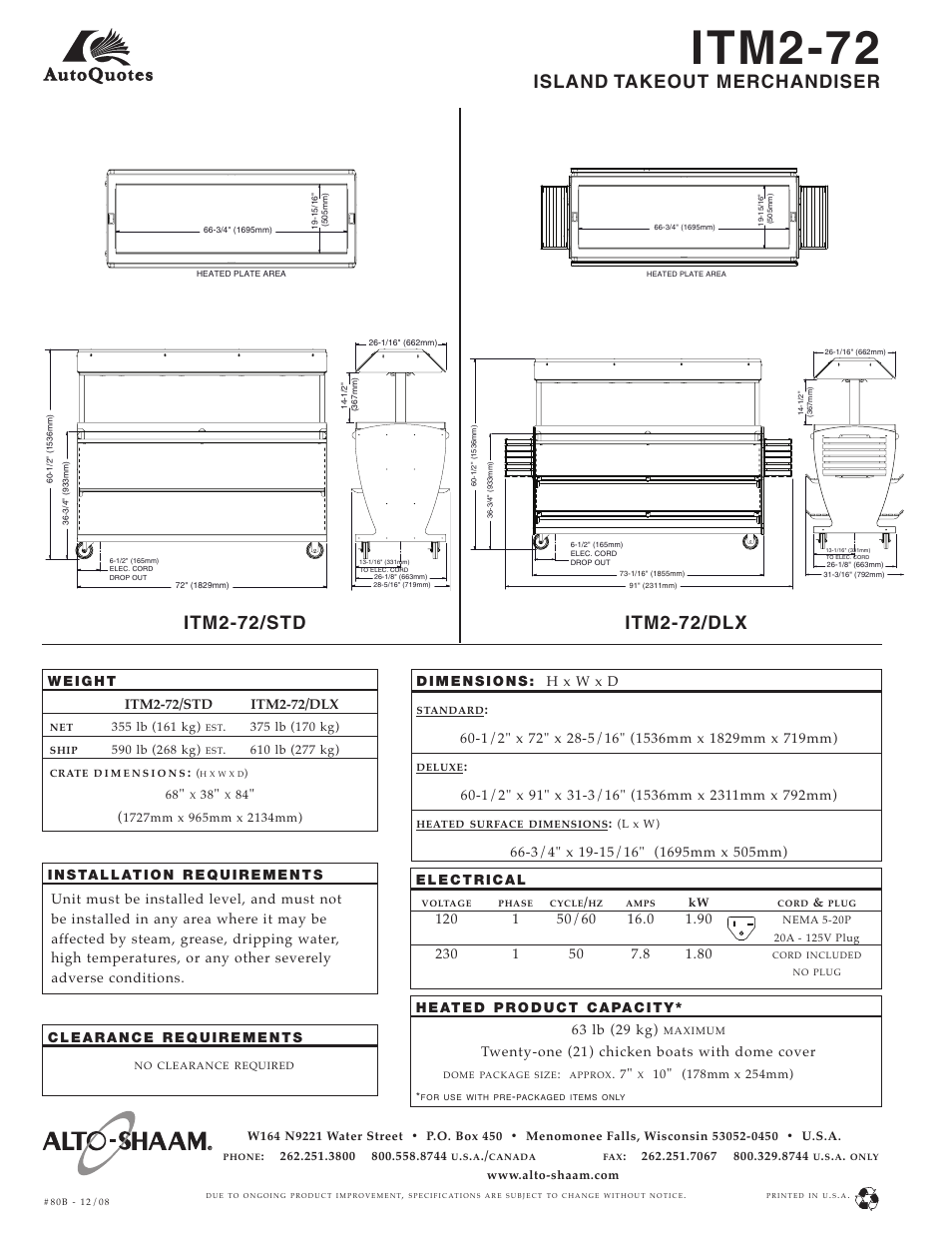 Itm2-72, Island takeout merchandiser, Twenty-one (21) chicken boats with dome cover | Alto-Shaam ITM2-72 User Manual | Page 2 / 2