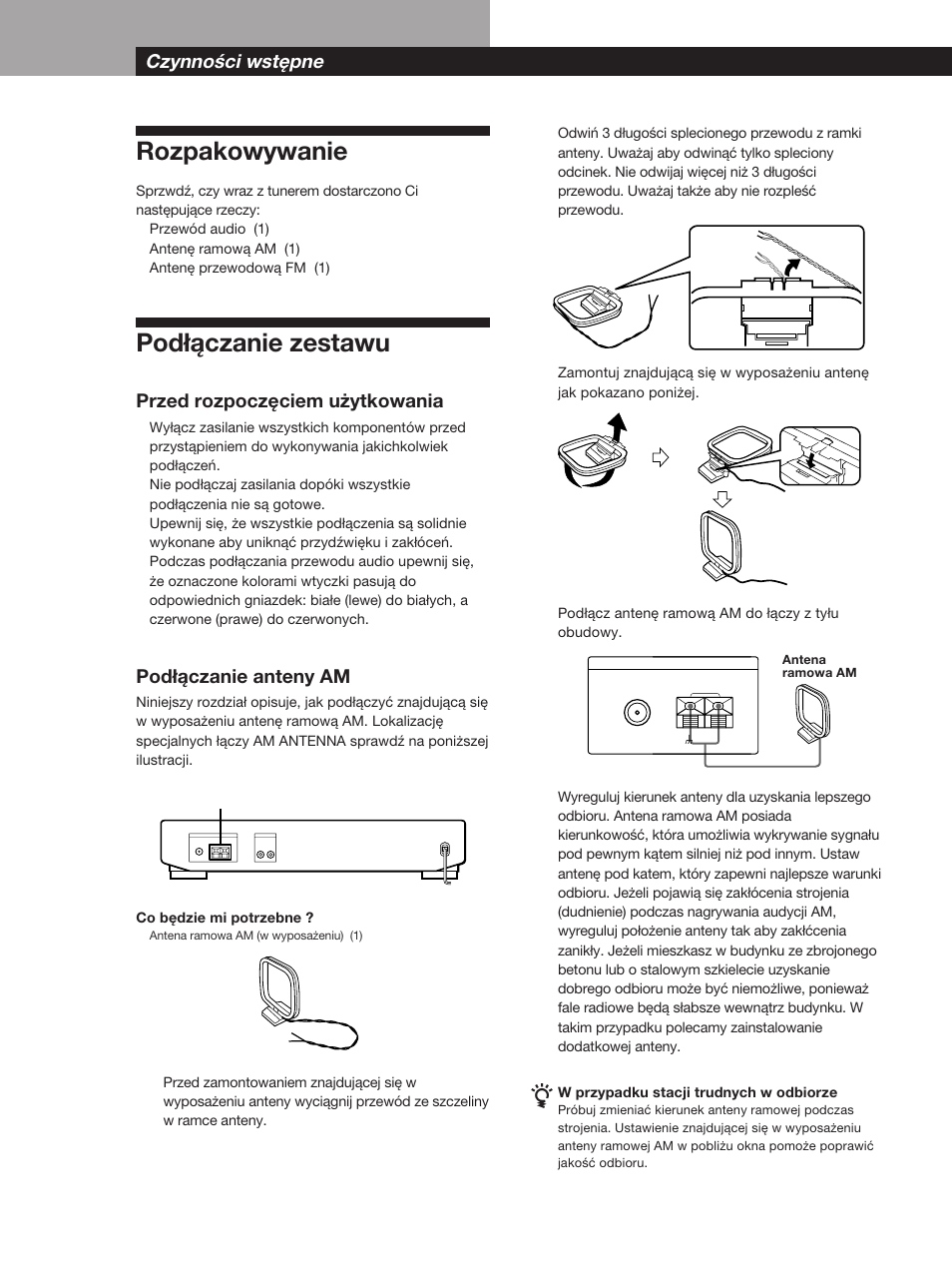 Rozpakowywanie, Podłączanie zestawu, Czynności wstępne | Przed rozpoczęciem użytkowania, Podłączanie anteny am | Sony ST-SB920 User Manual | Page 18 / 44