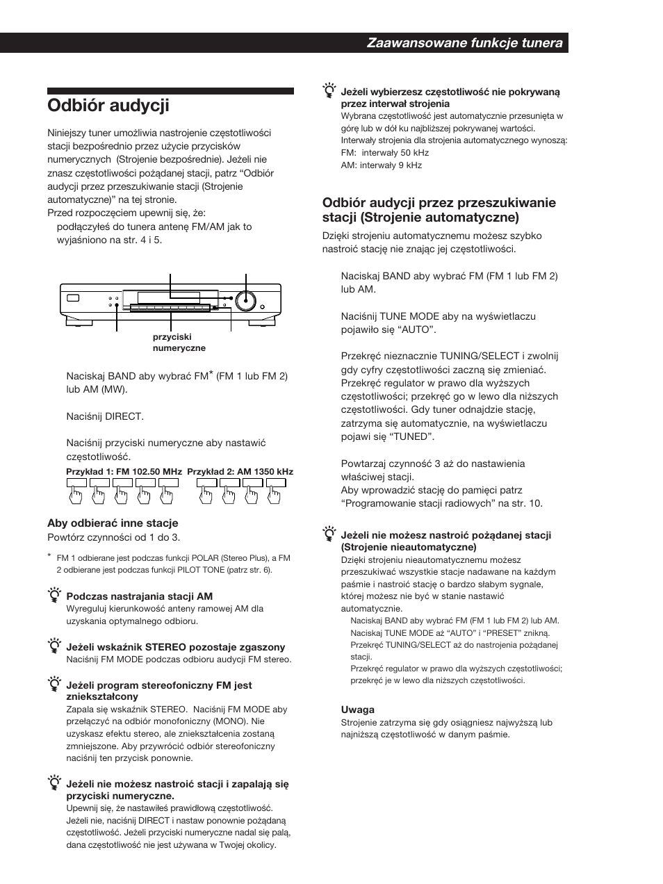 Odbiór audycji, Zaawansowane funkcje tunera | Sony ST-SB920 User Manual | Page 23 / 44
