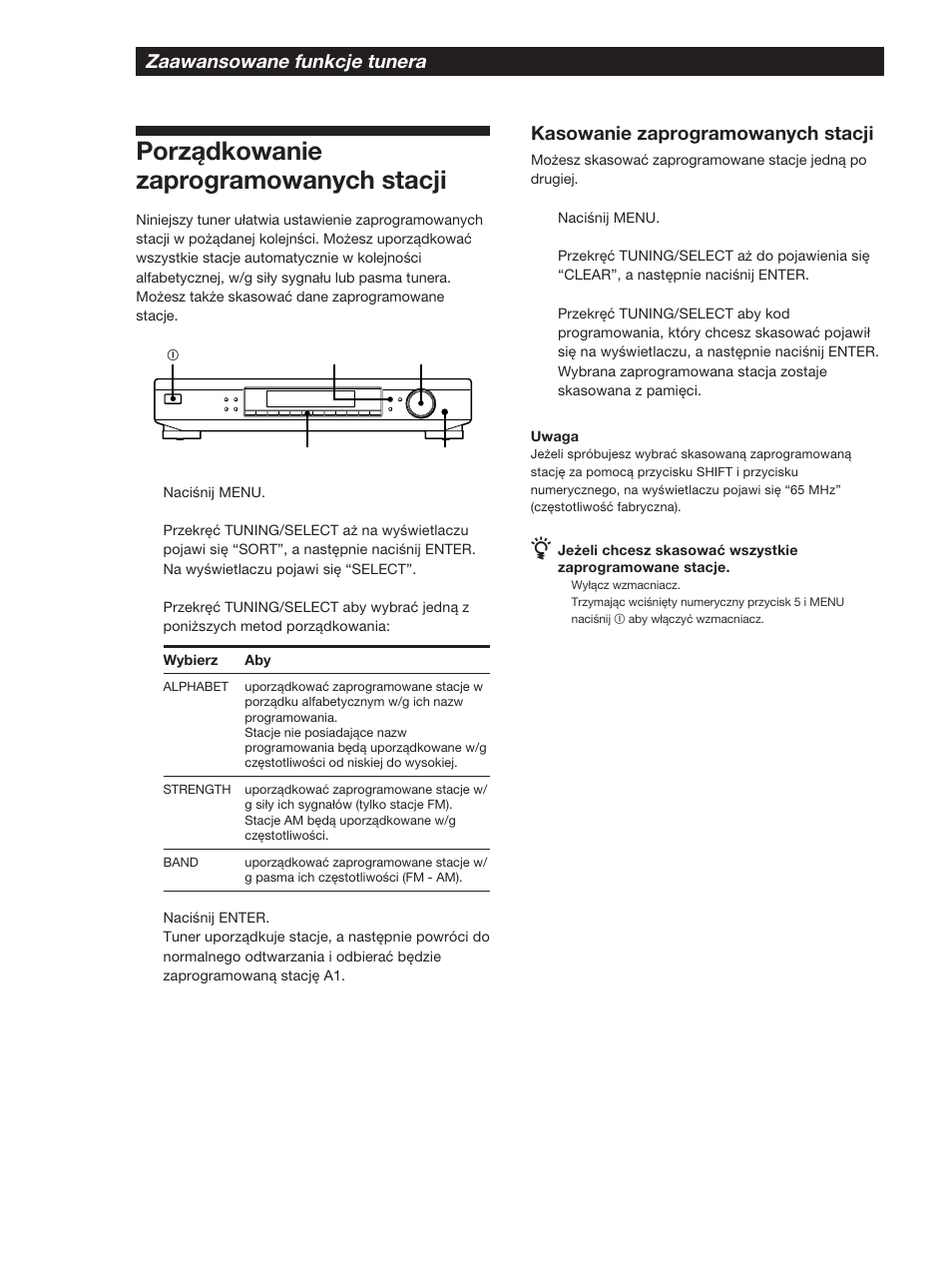 Porządkowanie zaprogramowanych stacji, Zaawansowane funkcje tunera, Kasowanie zaprogramowanych stacji | Sony ST-SB920 User Manual | Page 26 / 44