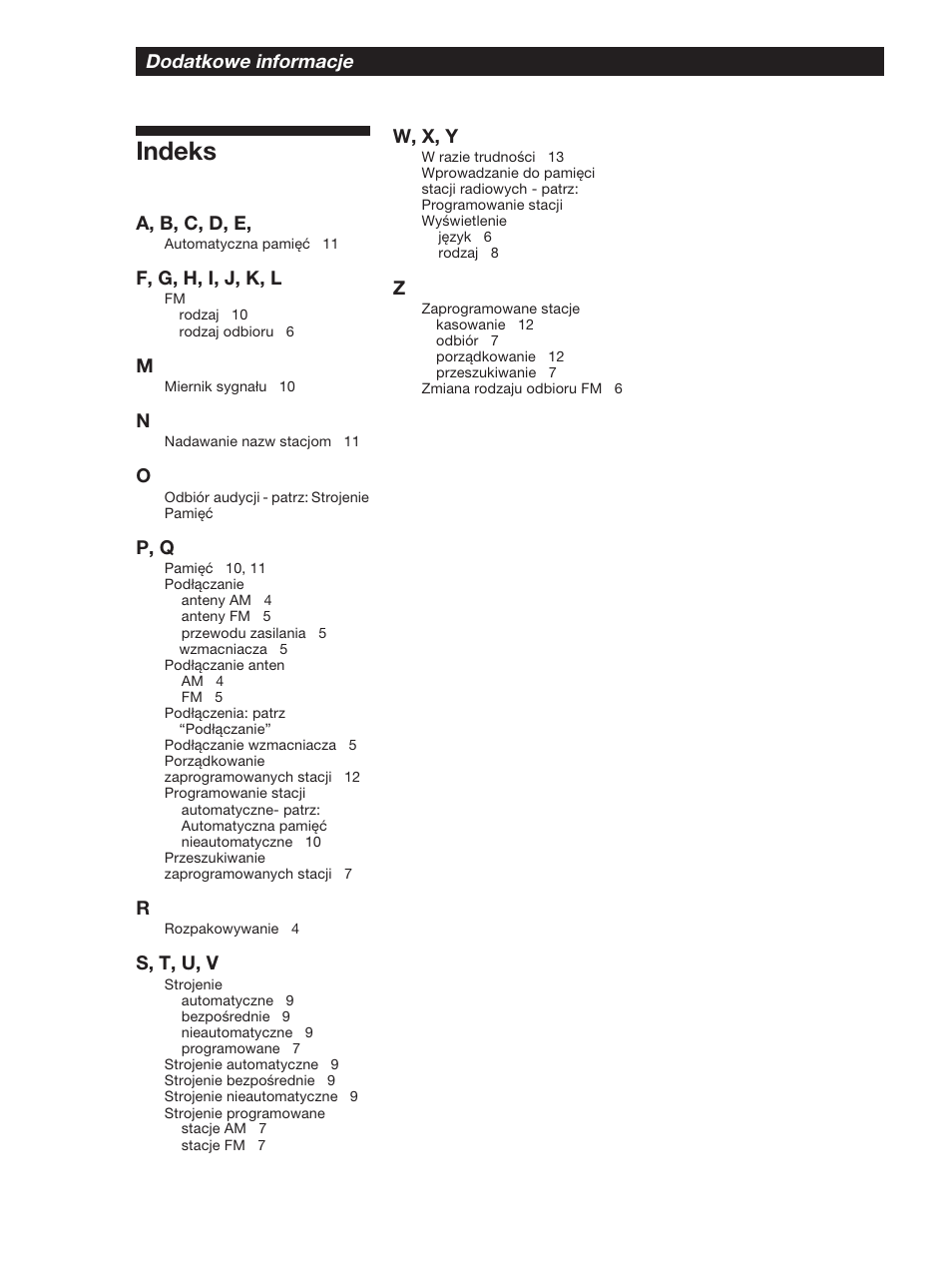 Indeks, Dodatkowe informacje, A, b, c, d, e | F, g, h, i, j, k, l, P, q, S, t, u, v, W, x, y | Sony ST-SB920 User Manual | Page 28 / 44