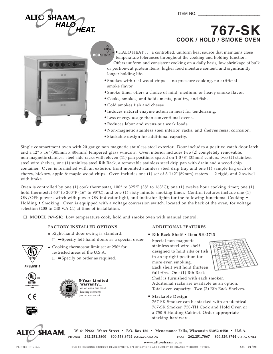 Alto-Shaam 767-SK User Manual | 2 pages