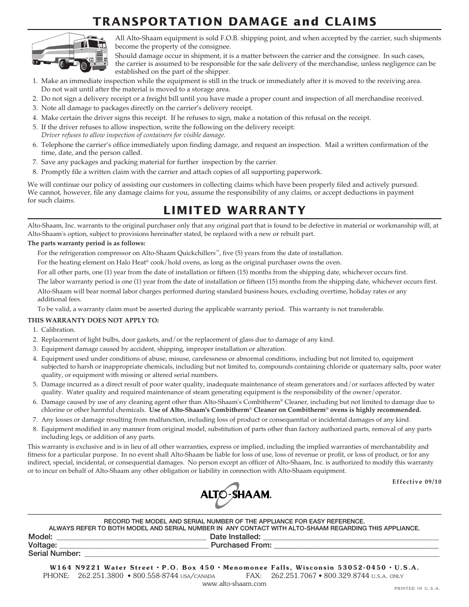 Transportation damage and claims, Limited warranty | Alto-Shaam Halo Heat 1000-TH-I User Manual | Page 22 / 22