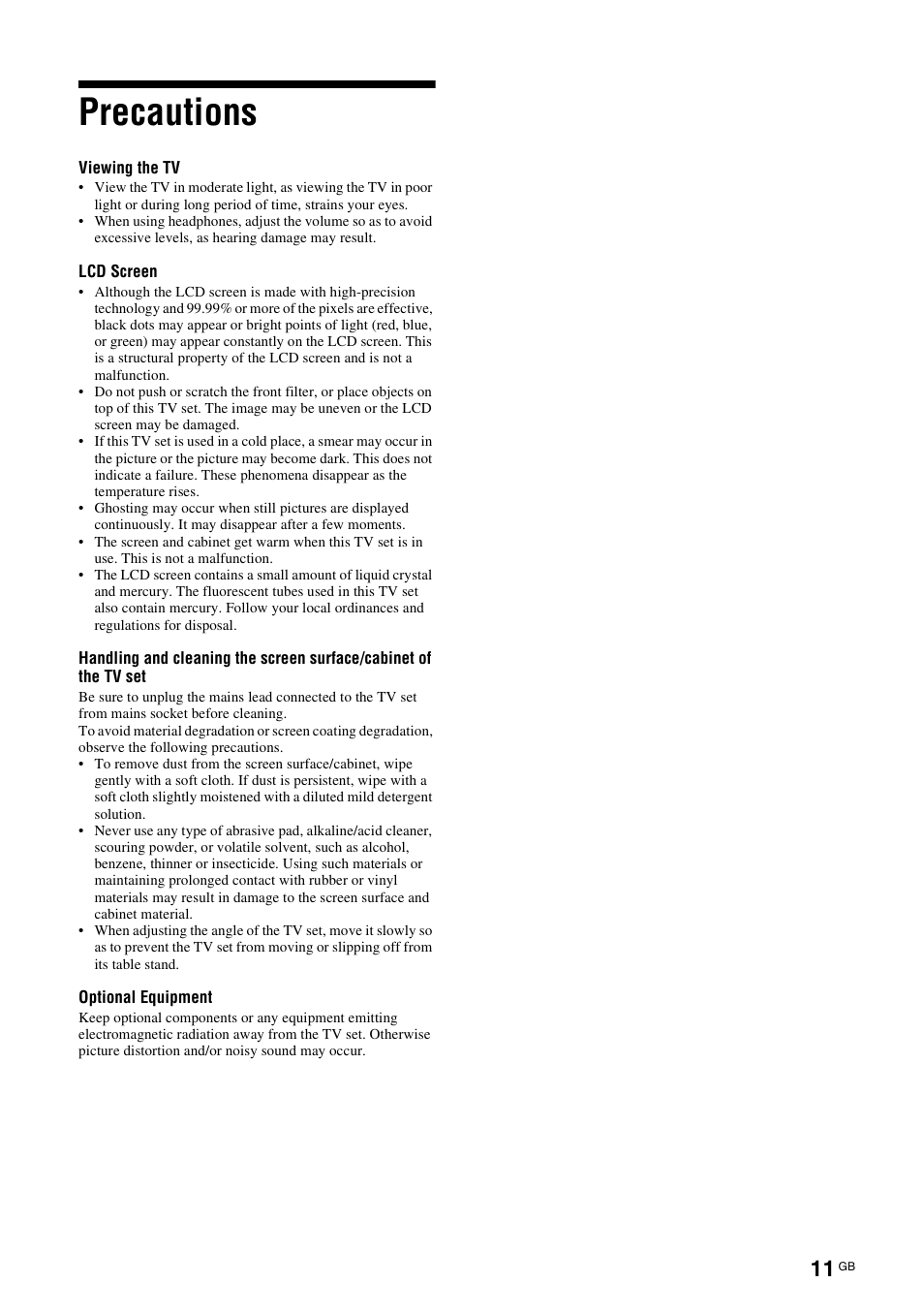 Precautions | Sony KDL-46X3500 User Manual | Page 11 / 164