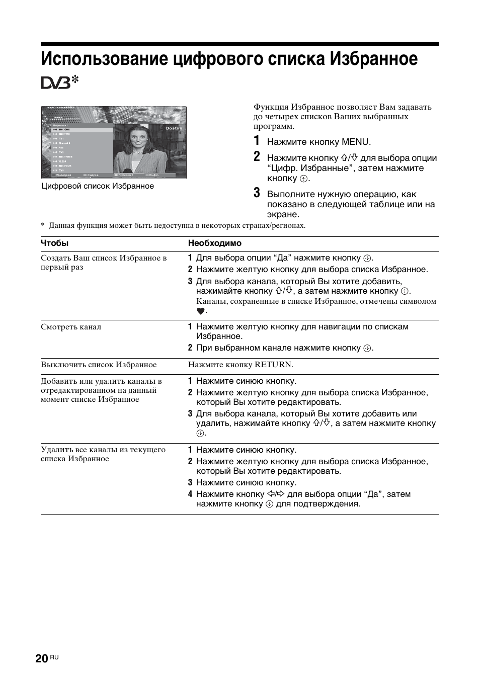 Использование цифрового списка избранное | Sony KDL-46X3500 User Manual | Page 122 / 164