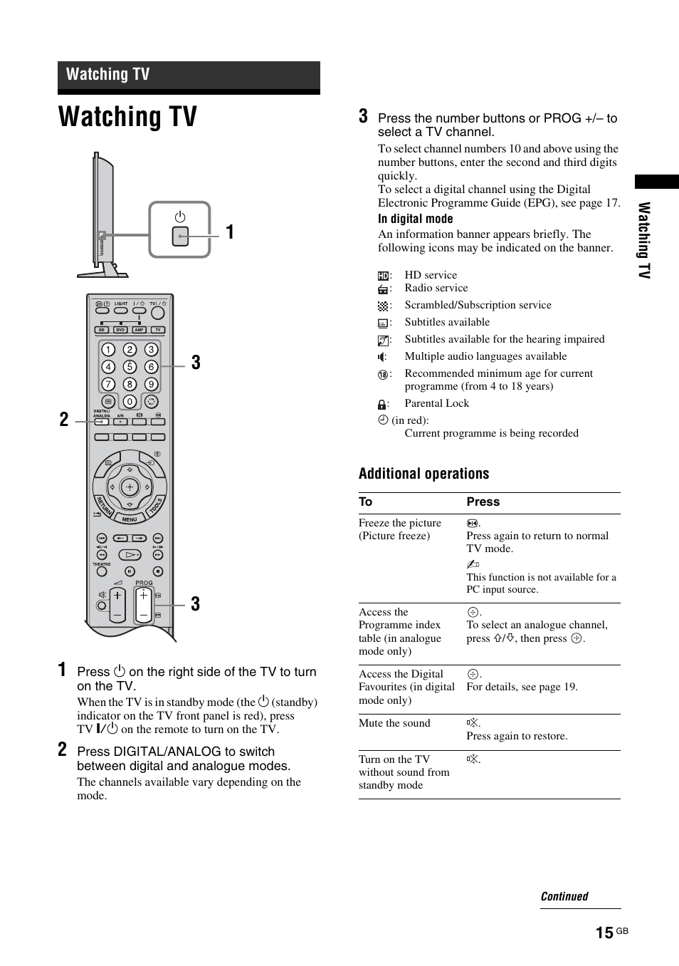 Watching tv | Sony KDL-46X3500 User Manual | Page 15 / 164