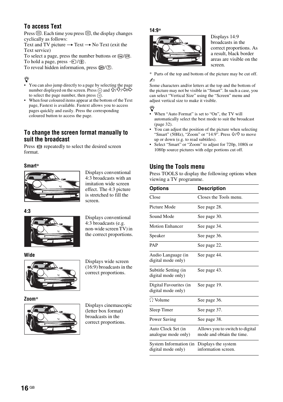 Using the tools menu | Sony KDL-46X3500 User Manual | Page 16 / 164