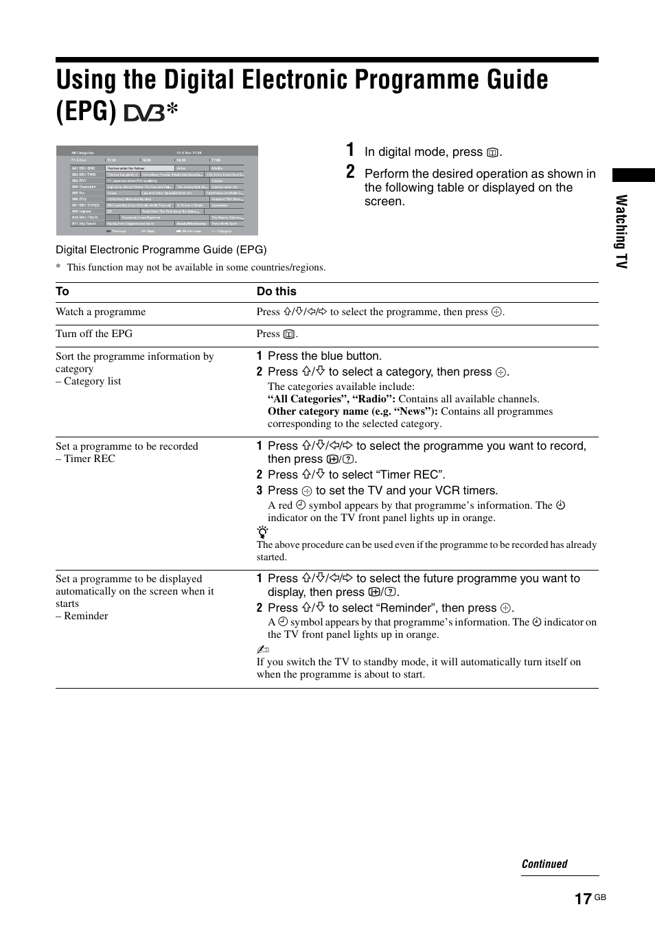 Using the digital electronic programme guide (epg) | Sony KDL-46X3500 User Manual | Page 17 / 164